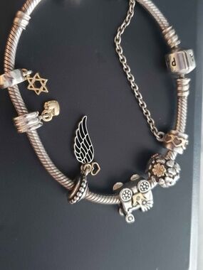 Pandora Two-Tone Silver and 14k Gold Charm Bracelet with Wing, & Floral Charms